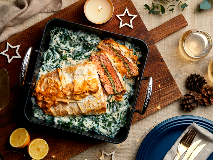 Salmon Wellington with a Salmon, Crab & Watercress Paté & Creamed Spinach