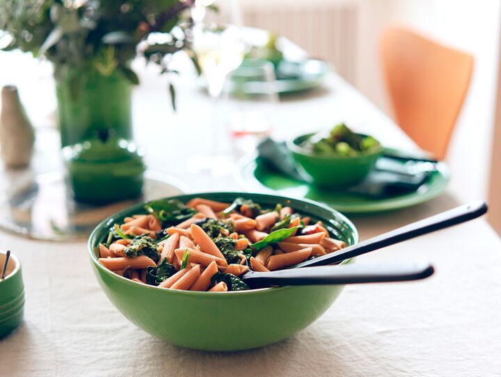 Red Lentil Pasta Spinach Salad with Carrot Top Pesto